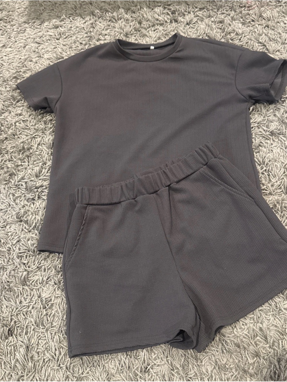 Girls' Gray Knit Short Pajama Set - Soft Rib Tee & Elastic Shorts